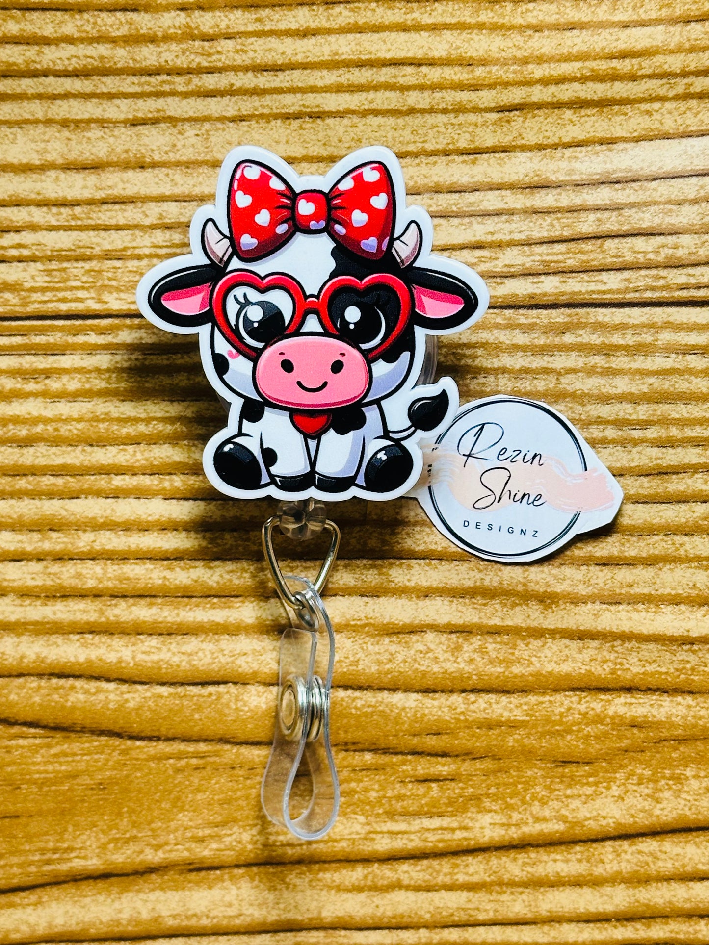 Cow With Red Heart Glasses Badge Reel