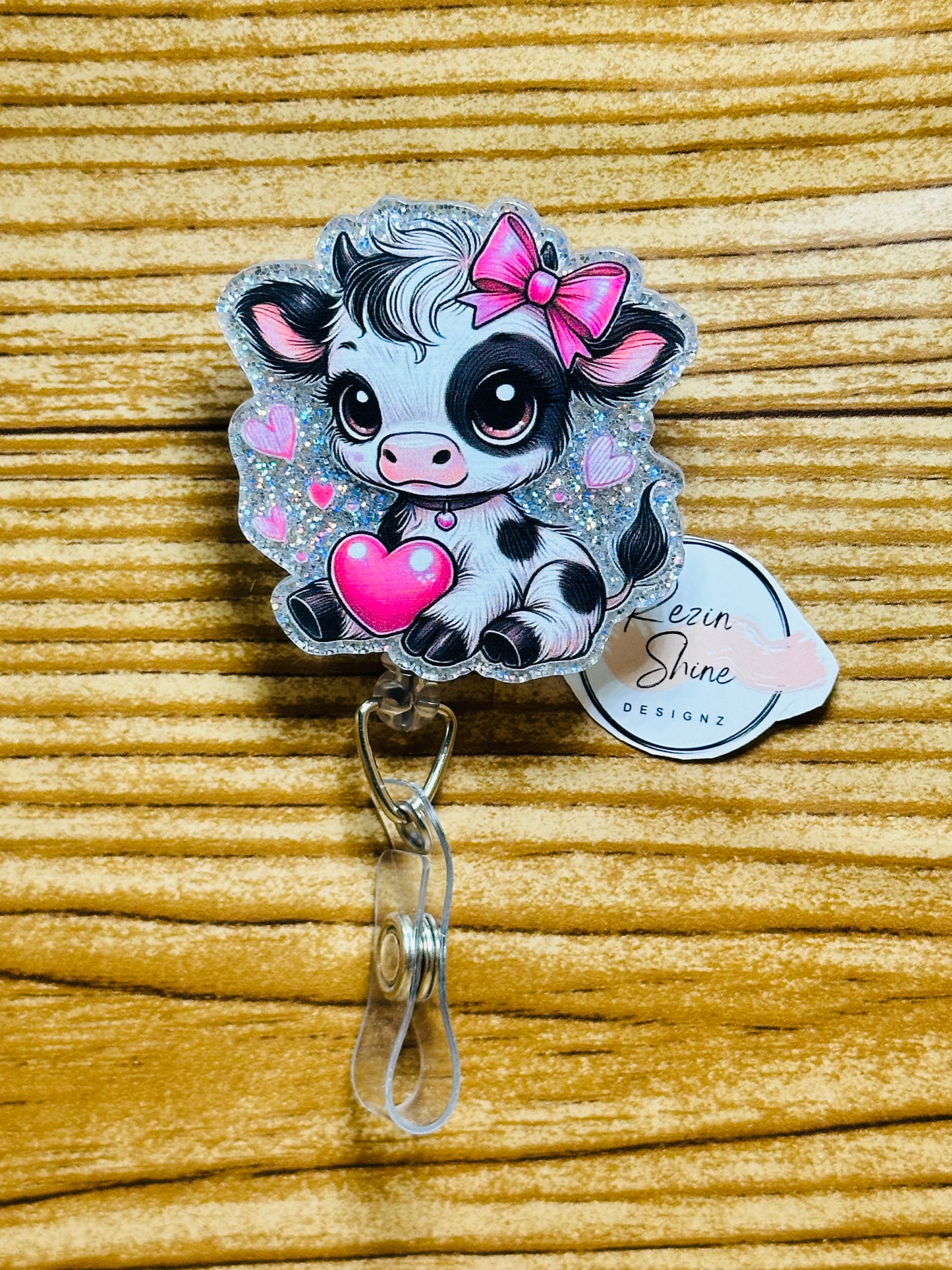 Pink Heart Cow Badge Reel
