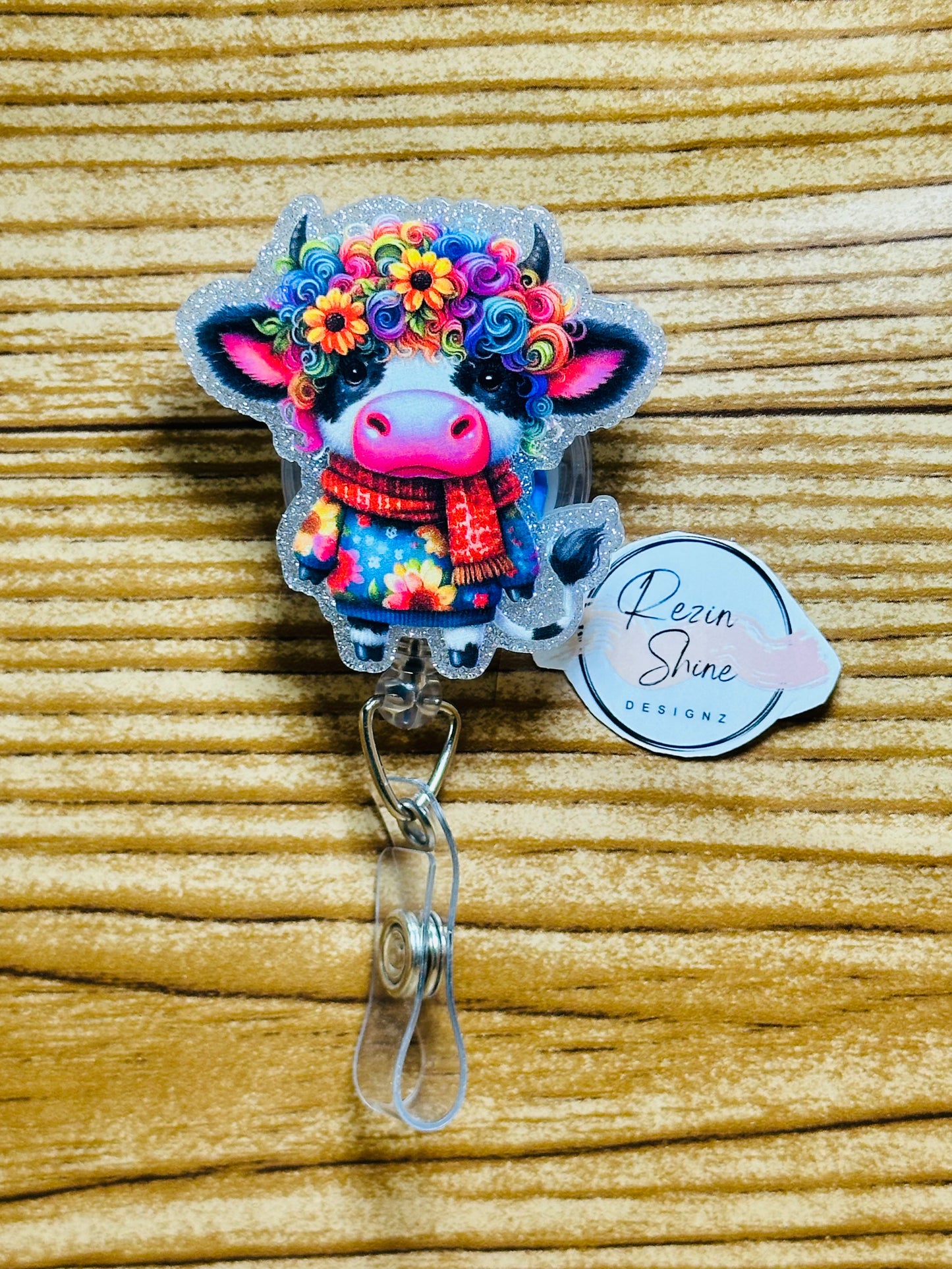 Colorful Flower Cow Badge Reel