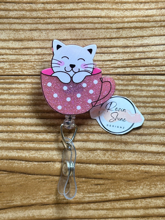Teacup Cat Badge Reel