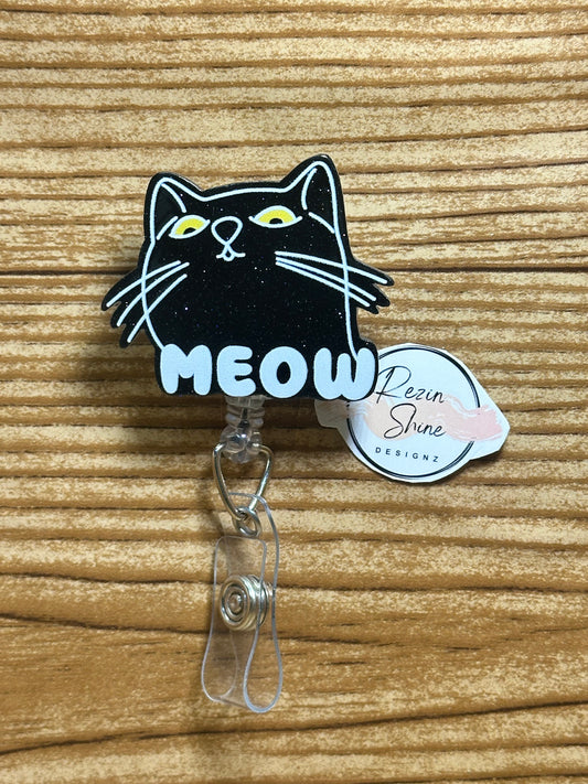 Meow Black Cat Badge Reel
