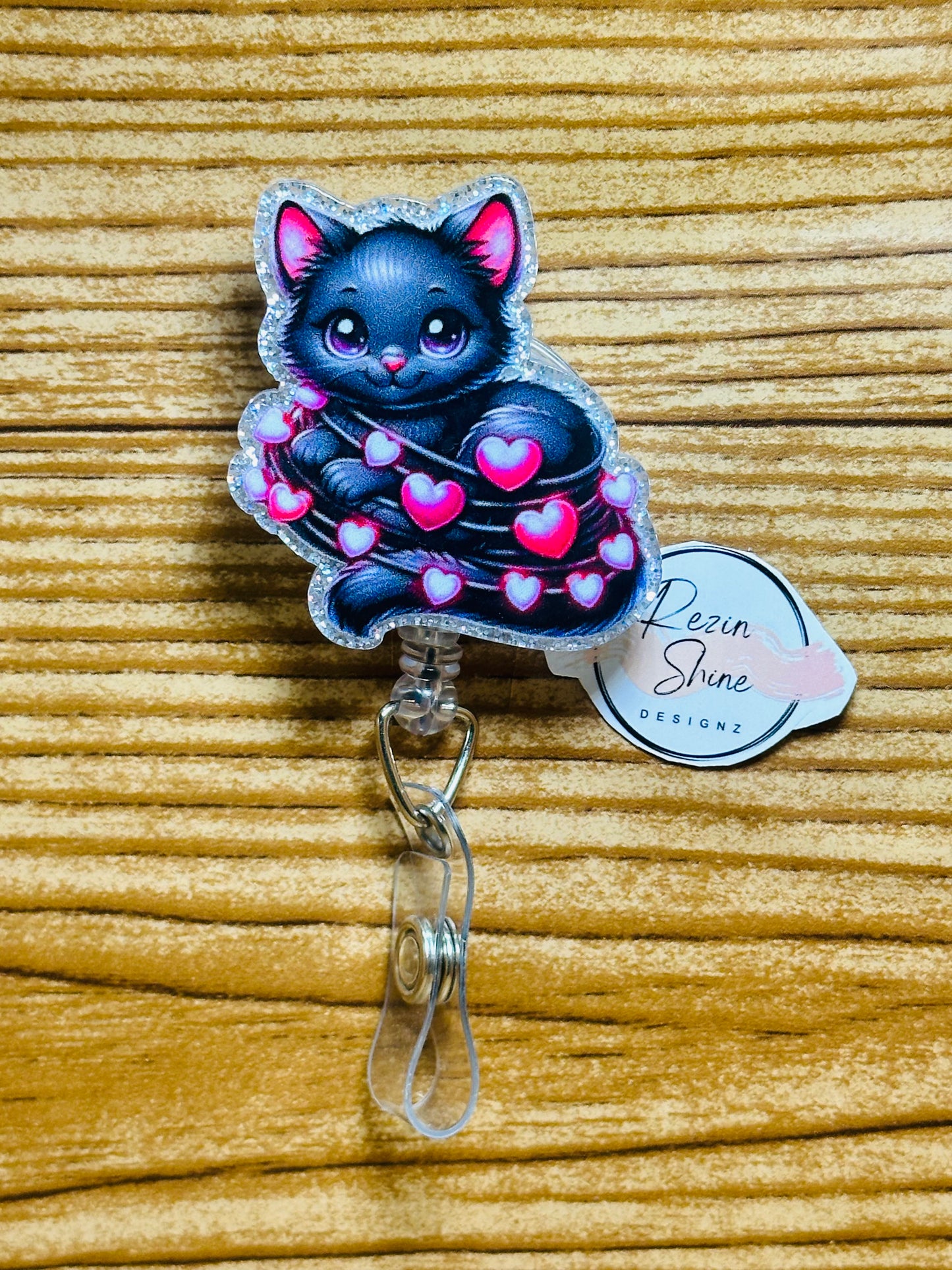 Black Cat with Pink Hearts Badge Reel