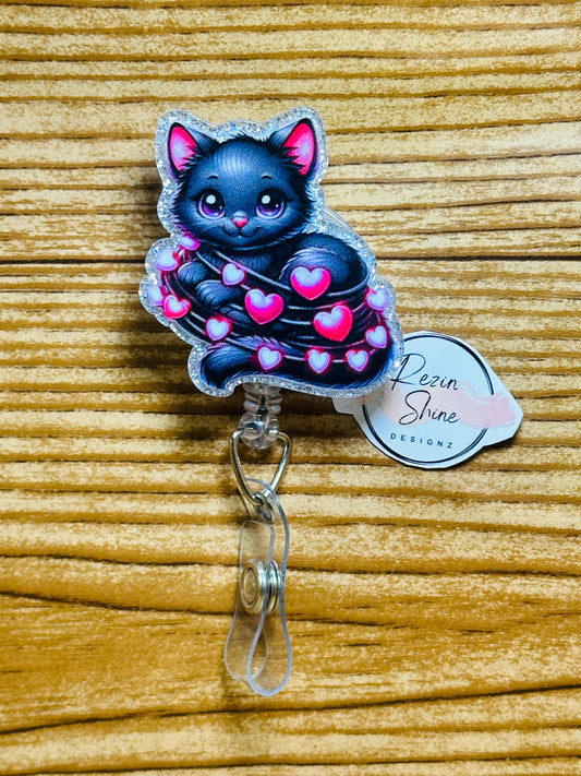 Black Cat with Pink Hearts Badge Reel
