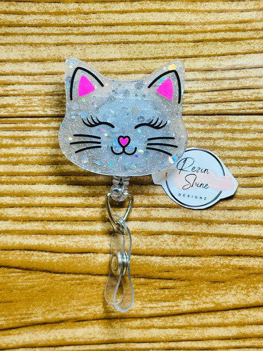 White Glitter Cat Head Badge Reel