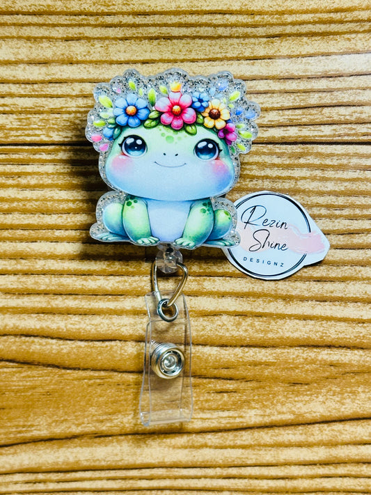 Frog with Flowers Badge Reel