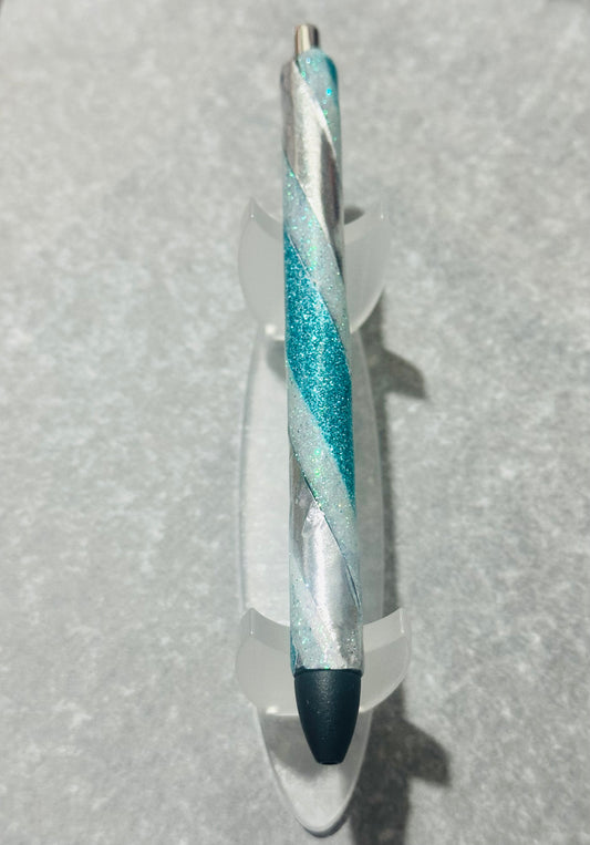 Teal/White/Silver Swirl Glitter Pen