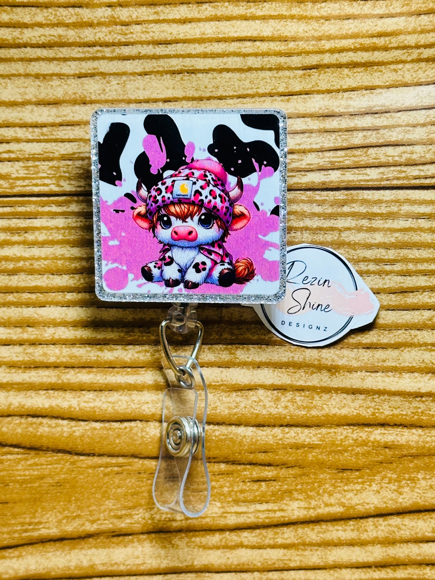 Pink Camo Cow Badge Reel