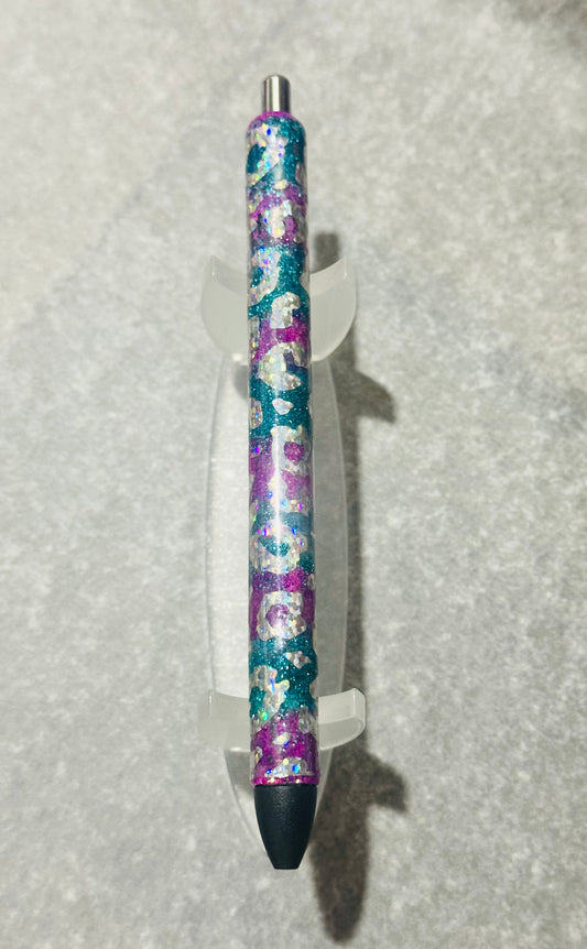 Purple/Teal Animal Print Glitter Pen